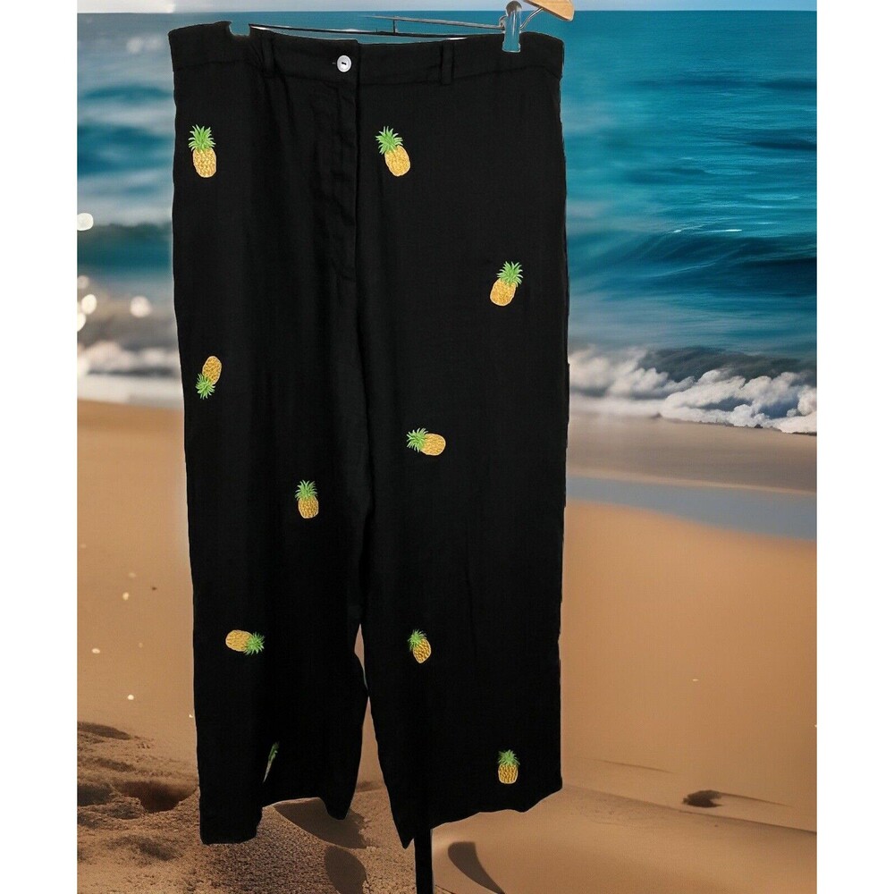 Vintage‎ 90s Deanne & White Pineapple Linen Pants Wide Leg Cropped Black 14 Y2K
